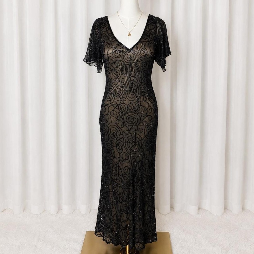 Vintage Sténay Black Fully Beaded Maxi Dress